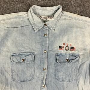 Capacity Denim Shirt Mens L Light Wash Short Sleeve Button-Up Western USA Patch